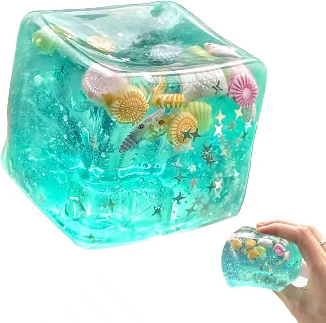 Photo 1 of [USED!!] Ice Cube Squishy, Stress Balls Ice Cube with Snowflakes Inside Square Shape Anxiety Sensory Squishy Fidget Slow Rise Anxiety Relief Stress Cube Gift for Adults (Marine Shells)