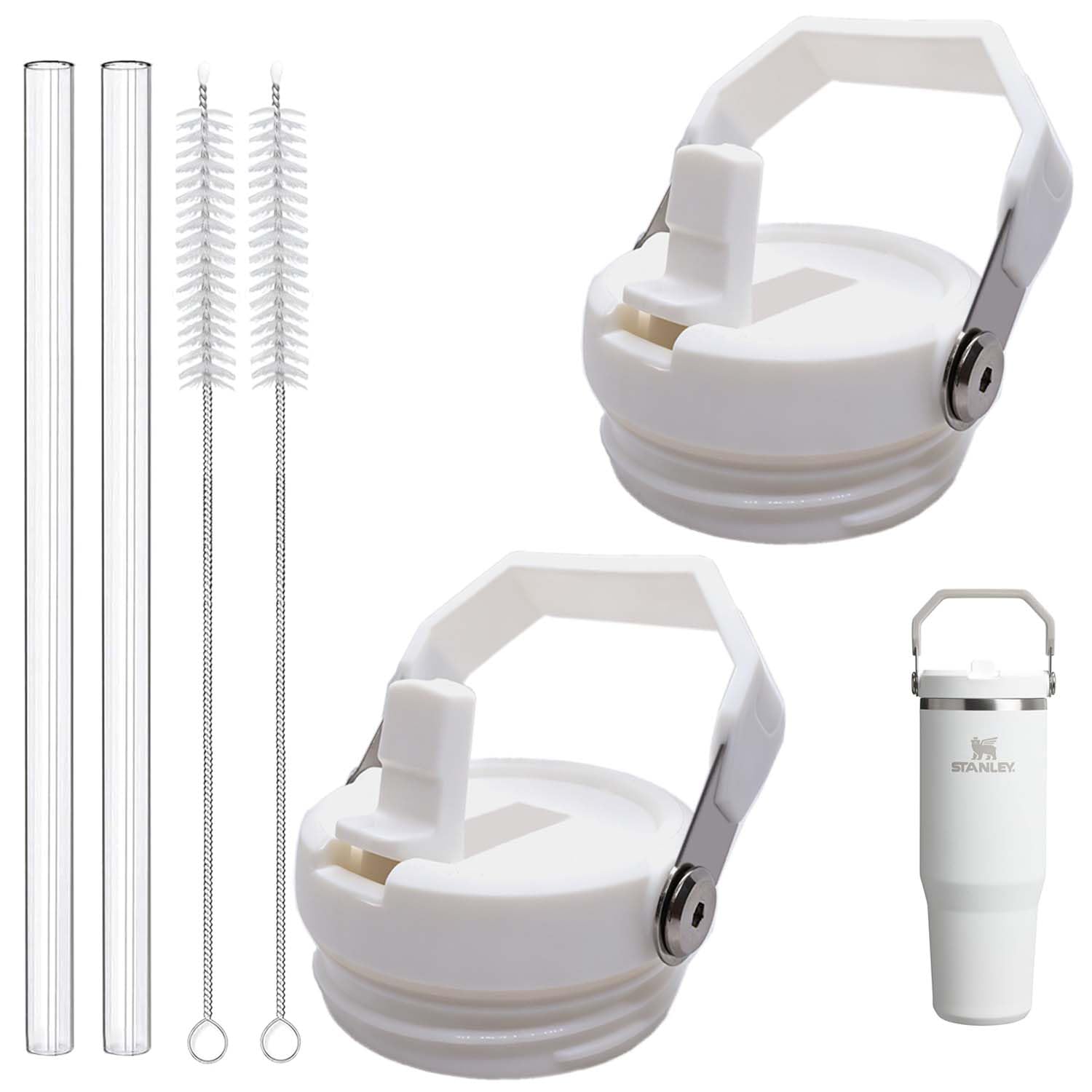 Photo 1 of 2-Pack Replacement Flip Straw Lids for Stanley IceFlow Tumbler 30oz and 20oz, Spill-Proof Cap with 2 Reusable Straws & 2 Cleaning Brushes, BPA-Free, Easy to Clean(White)