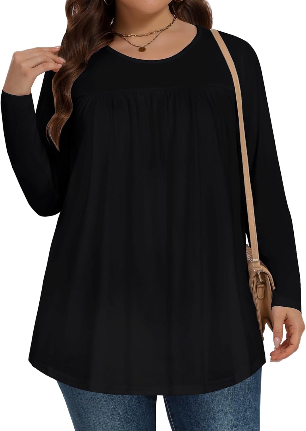 JOELLYUS Plus Size Tops for Women Fall Long Sleeve Shirts Casual Crew Neck Pleated Tunic Blouse Winter - Image 6