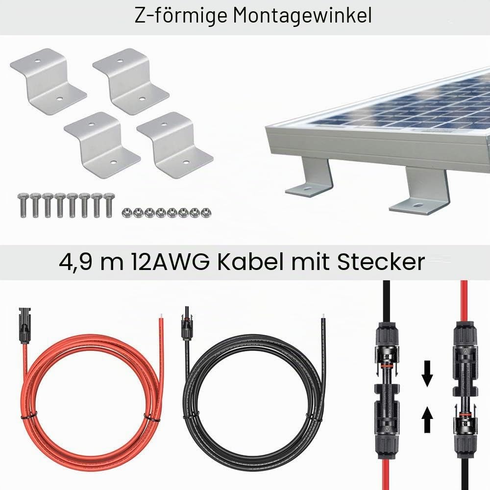 ECO-WORTHY 100W 12V Solarpanel-Kit mit Solarladeregler & 5m Solarkabel & Z-Halterungen für Wohnmobil