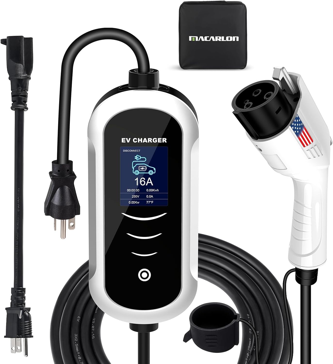 16A Level 1 & 2 EV Charger - 120V-240V Fast Charging, 25ft Cable, Portable J1772 Charger, NEMA 6-20/5-15 Adapter, Adjustable Current, Scheduled Charging, American Flag Design (Silver)