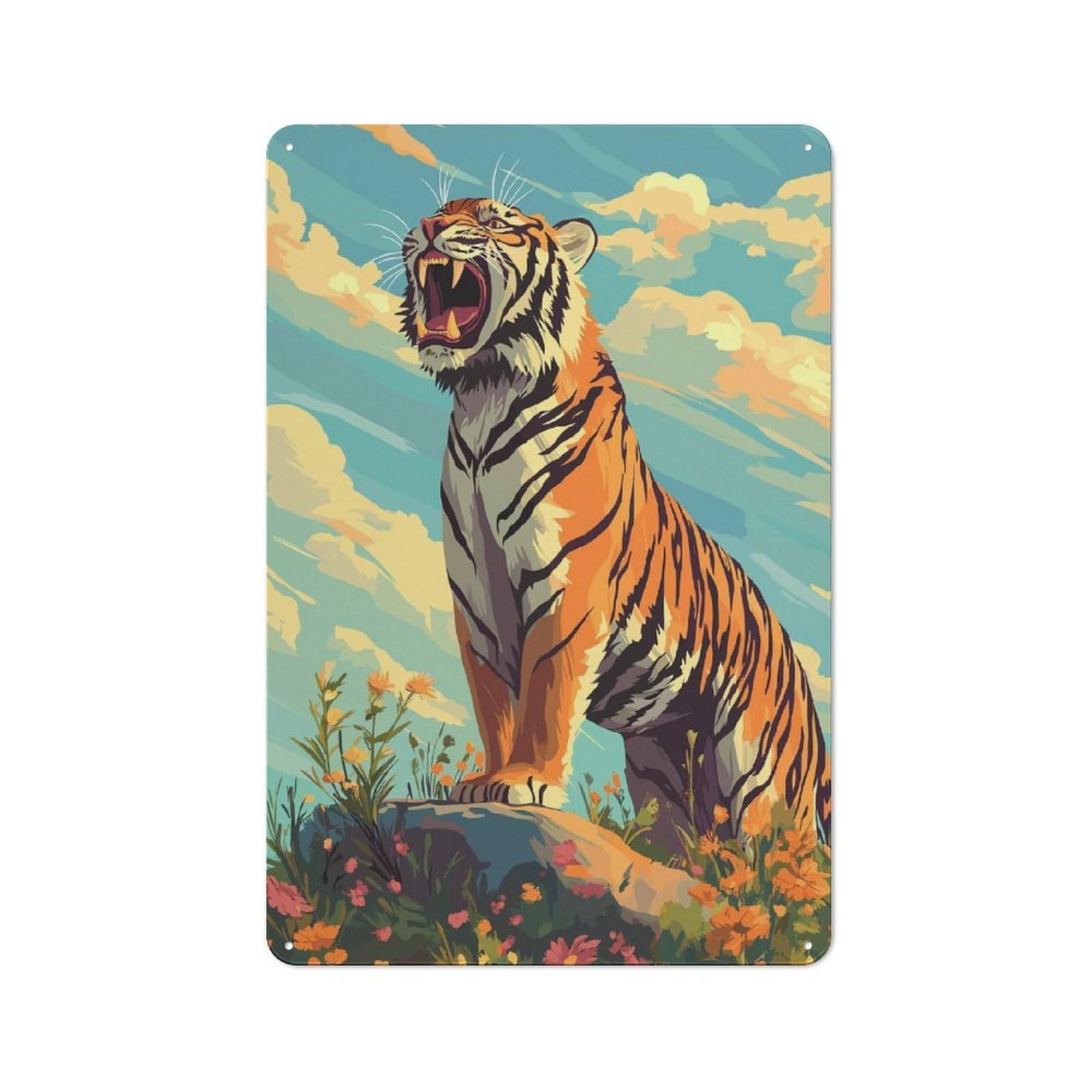Junmoney Roaring Tiger In Floral Landscape Tin Wall Plaque 30X20cm With For Garage Or Workshop, For Vintage Wall Decor Fans, For Kitchen And Home Bar Decor