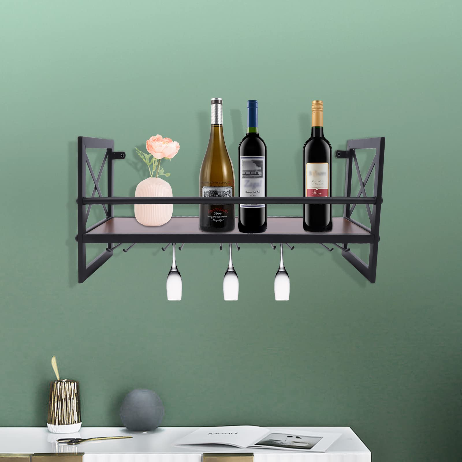Wein Glas Regal,Alkohol Regal, Bar Regal Outdoor Industrielle Industriell wandmontierte Weinregal Weinglas Schiene Stemware Gläserhalter, Hängender Weinglashalter,Schwarz,61 * 20 * 26cm