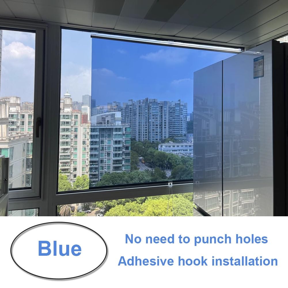 generisch Verdunklungsrollo Rollos Für Fenster Einwegspiegel-Rollo Tagessichtschutz Rollos Mit Klebehaken ohne Bohren Verdunkelungs Rollo Einweg-Spiegel(Blue,W 110x H 200cm)