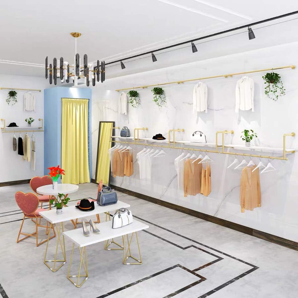 Simple Metal Wood Clothing Store Display Stands, Entrance Porch Organization Hanging Garment Rack,Wall Mounted Storage Clothes Shoe Bag Pipe Shelf, Home Bookcase Towel Rack (Gold, 59" L)