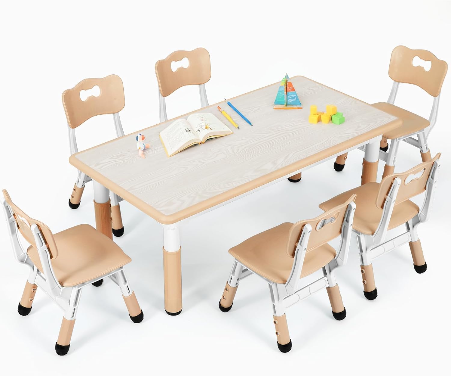 Clevich Mesa Infantil con 6 sillas, Juego de sillas para guarderías y Habitaciones Infantiles, Altura Regulable, Muebles Infantiles de plástico, Grupo de Asientos para niños y niñas, Amarillo