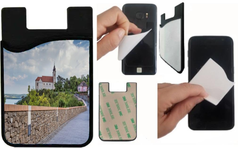 Island Gifting Neoprene Stick-on ID Card Holder for iPhone/Galaxy/Google Android Cases Featuring Image of The View of Tihany Abbey at Lake Balaton Hungary