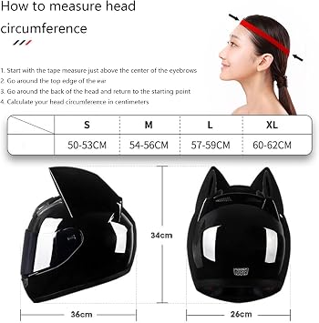 Motorbike Cat's Ears Helmet Full Face Helmets with Visors Motorcross Helmets ECE Approved for Adult Men Women Four Season K,M54-56CM