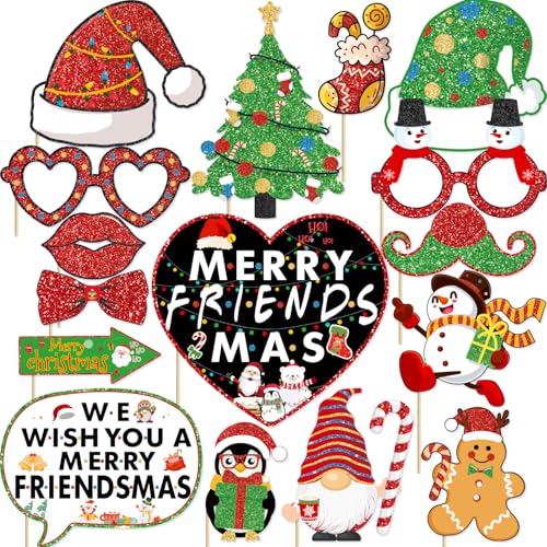 Merry Friendsmas Christmas Party Decorations Photo Booth Props Friends Themed Christmas Photobooth Prop Kit for Home Office Xmas Santa Holiday Accessories Decorations Party Favors