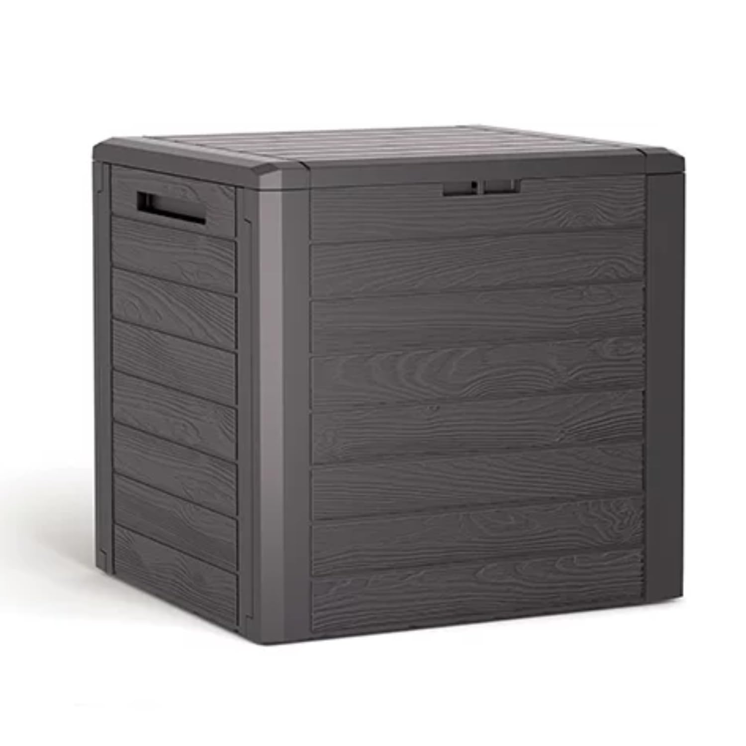 Garden Storage Box Plastic Organizer Wood Effect Outdoor Bench Large Deck Cusion Organizer Furniture Lid Container Woodebox (Umber, 140L)