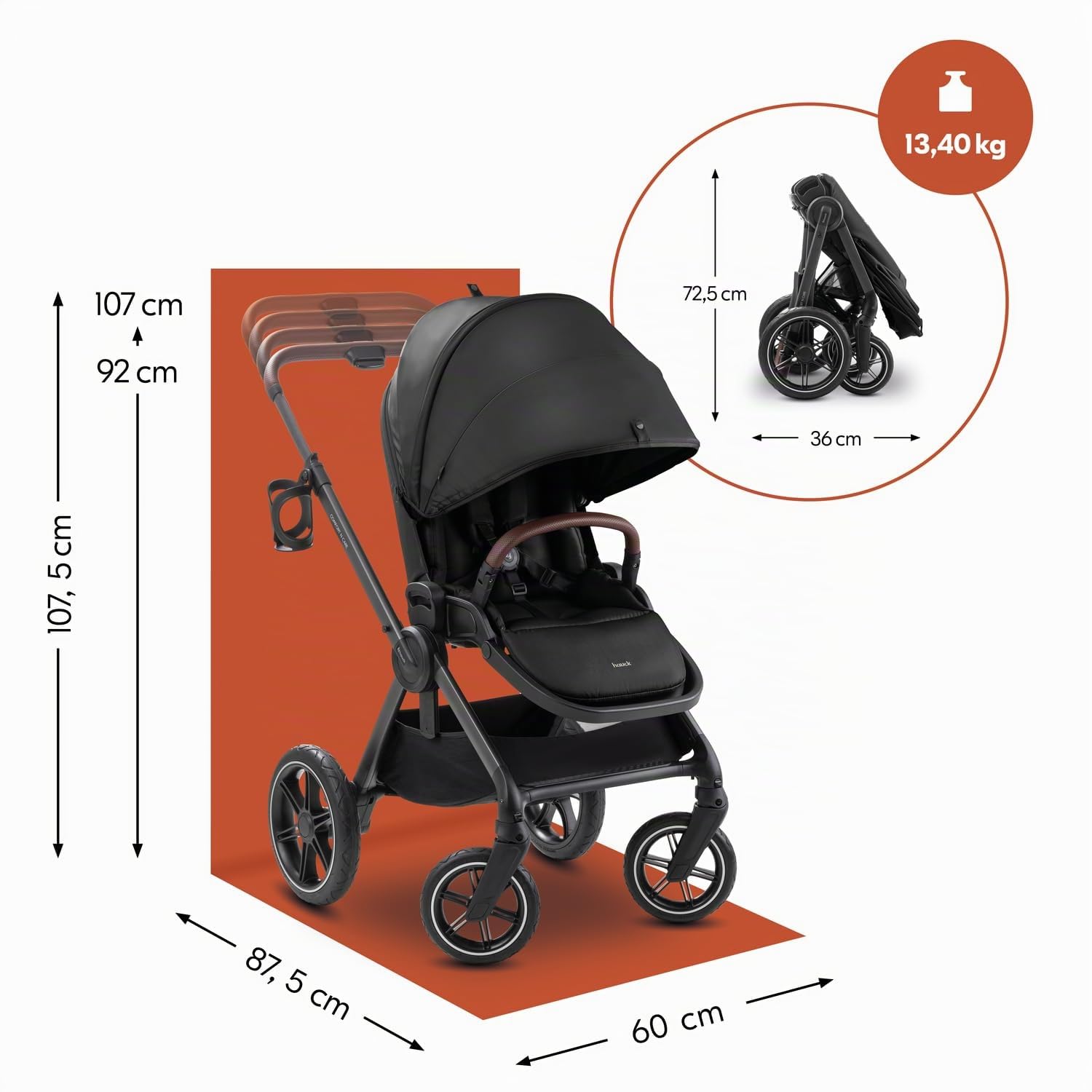 hauck Poussette Compacte, Couvre Jambes et Canopy XL, Comfort N Care Black | Grandes roues caoutchouc, poignée réglable, siège réversible, UPF 50+, position allongée dès la naissance à 22 kg / 4 ans