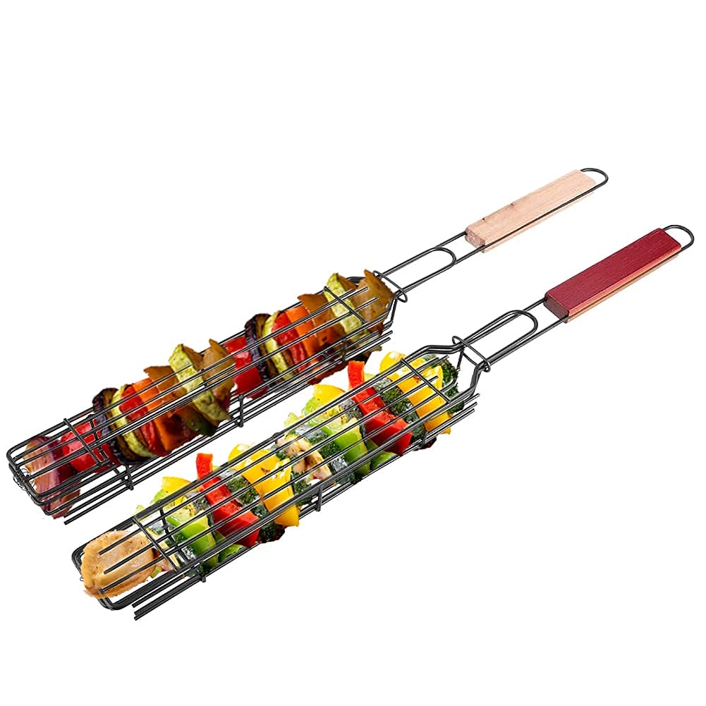 2 pièces paniers grille pour barbecue, grille de barbecue avec poignée en bois pour kebab, saucisse, légumes, poissons, crevettes, 49 x 4,7cm