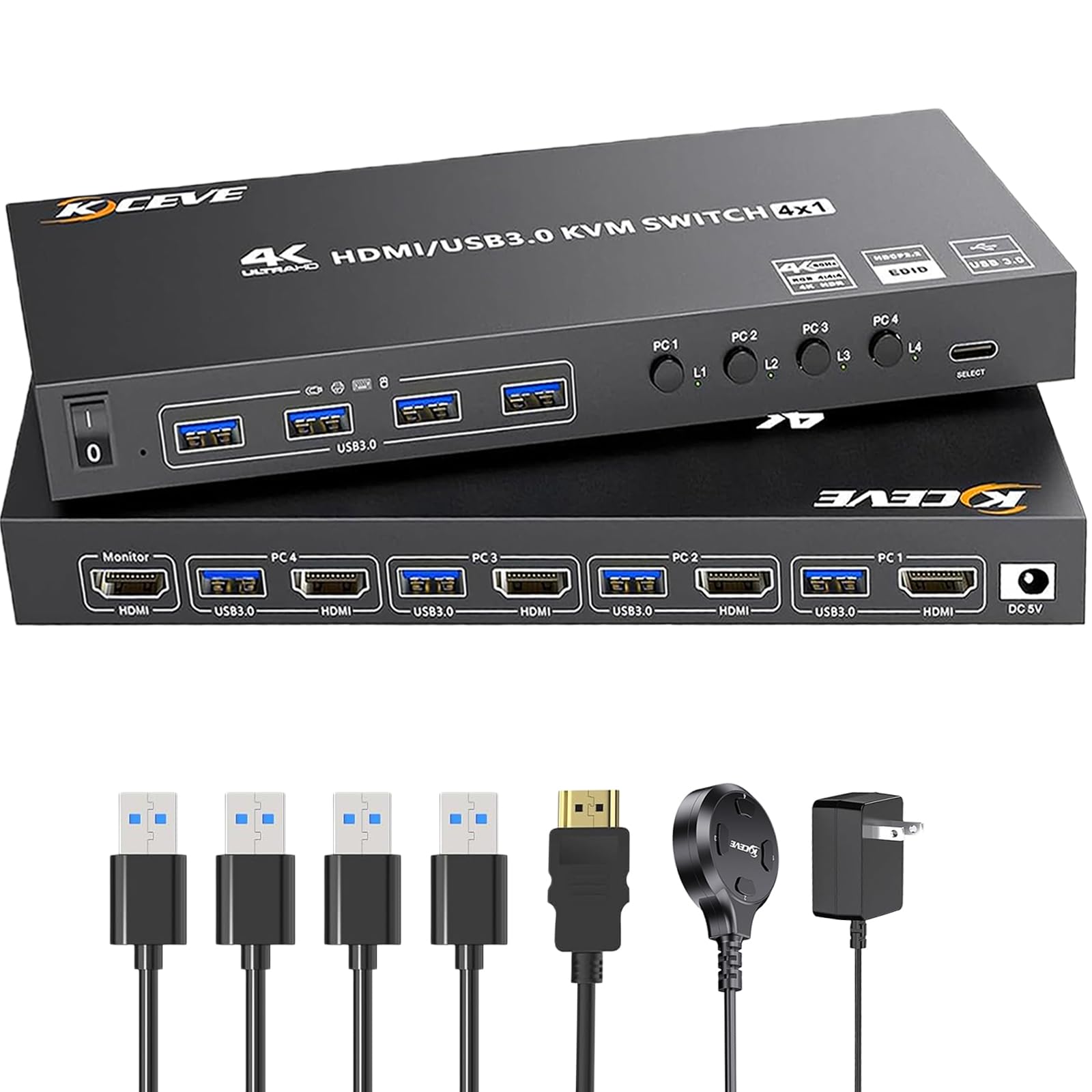4K@60Hz HDMI KVM Switch 4 Computers, Simulation EDID, KVM Sw