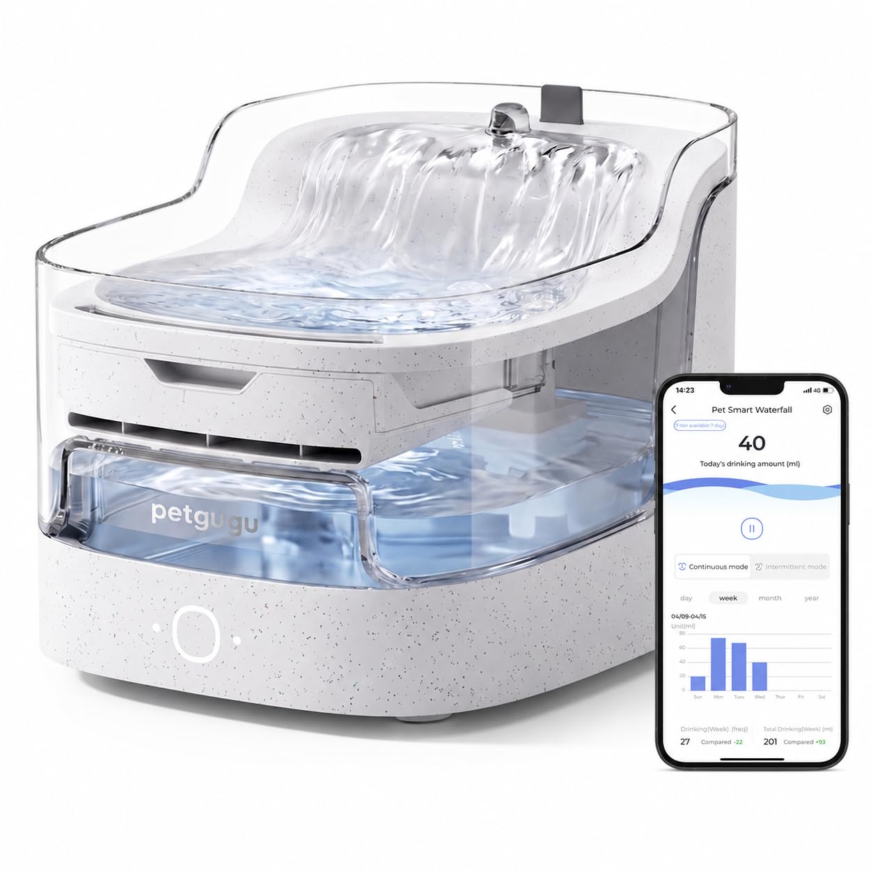 PETGUGU Fontanella per Gatti Intelligente con App e AI, Fontana Automatica per Gatti e Cani con Pompa Senza Fili Ultra Silenziosa <20dB, Filtro a 8 Strati, Sensore di Movimento, WiFi 2.4G, PF1, Marmo