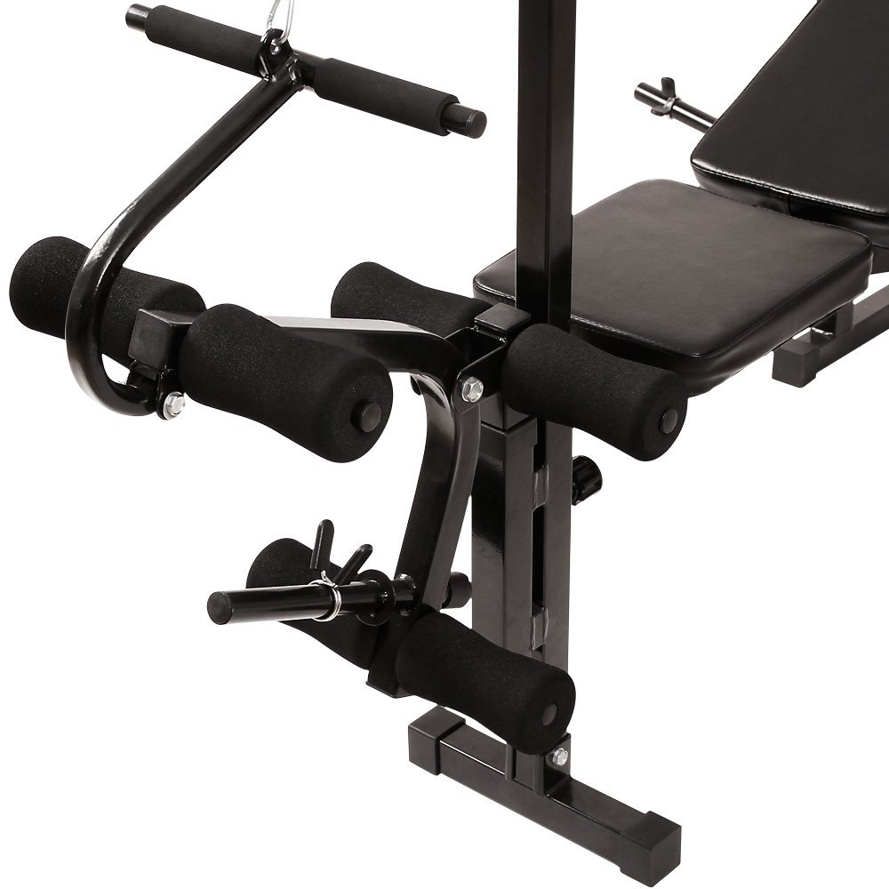Banco de Pesas Multifunción - Torre de Poleas, Press de Pecho, Banco Predicador & Flexiones y Extensión de Piernas (Plegable y Ajustable) - Musculación, Ejercicios
