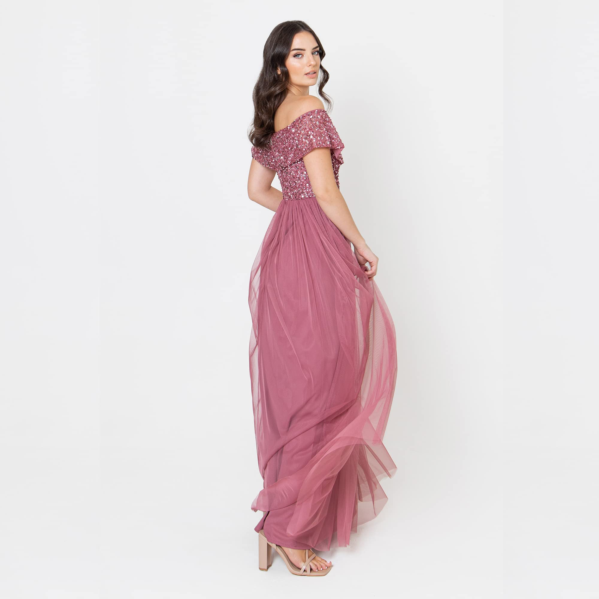 Maya Deluxe Abendkleid Damen Brautjungfernkleid Bardot Paillettenverzierung Abendkleid Elegant für Hochzeit Tüllkleid