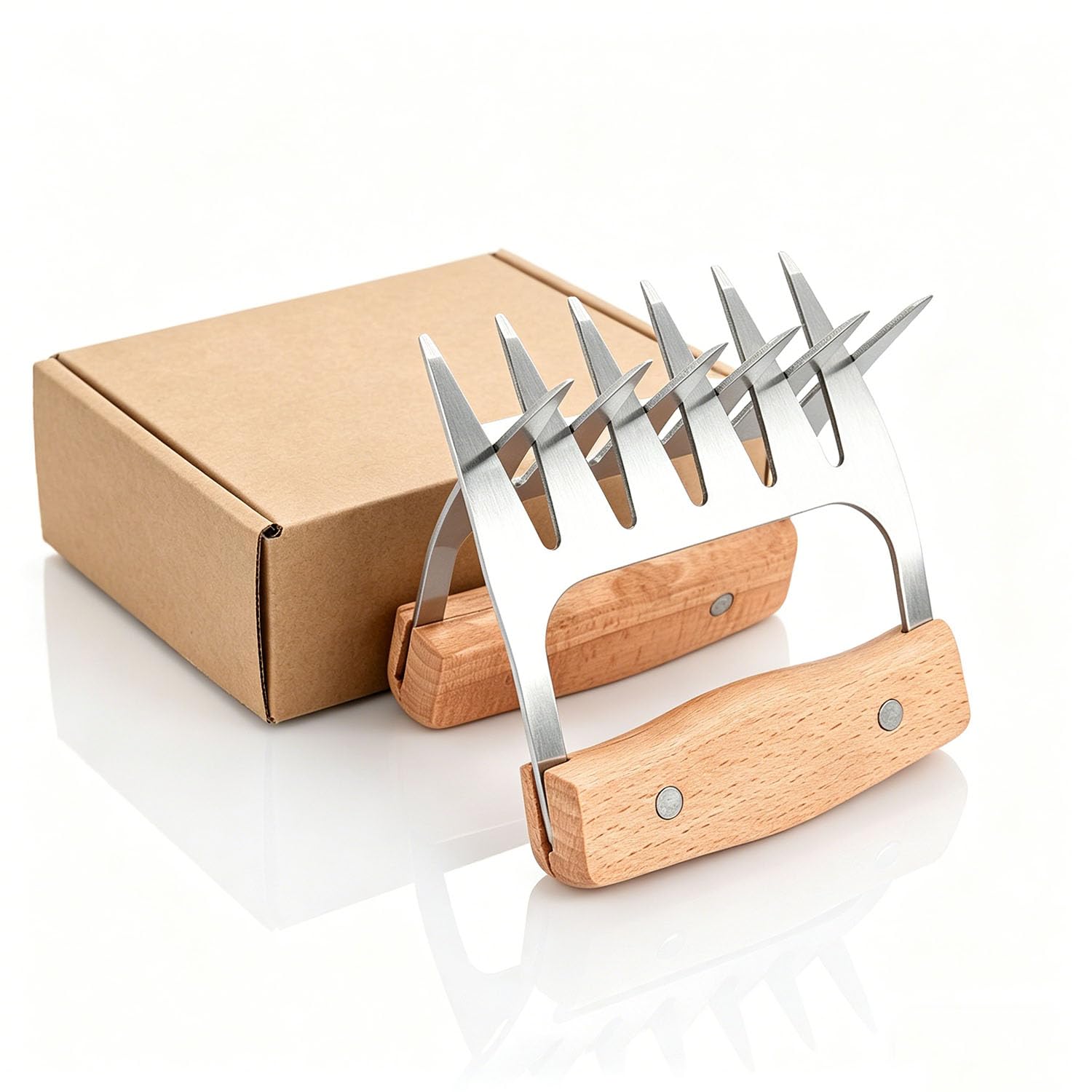 2 Pcs Stainless Steel Meat Claws, Bear Claws Wooden Handle, 6-Tooth Cast Sharp BBQ Shredder, Anti-Slip & Heat-Resistant, Non-Stick, Easy Clean, for Shredding, Lifting & Fixing Meat, Kitchen Grill Tool