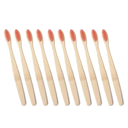 Magik 10-20 cepillos de dientes de bambú 100% natural orgánico cerdas medianas sin BPA (paquete de 10, rojo)