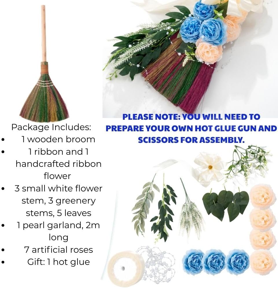 Elegant Wedding Brooms Bride Bridegroom, Jumping The Broom for Wedding, Natural Whisk Broom with Ribbons, Artificial Pearl, Leaves,Roses for Decorative image 3