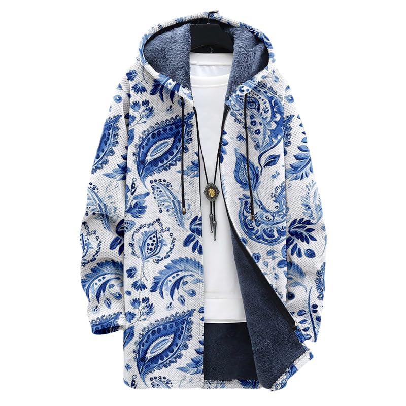 Zip Up Winter Coat for Men Oversized Hoodie Sherpa Lined Fleece Jacket Soft Warm Long Cardigan with Hood Pockets