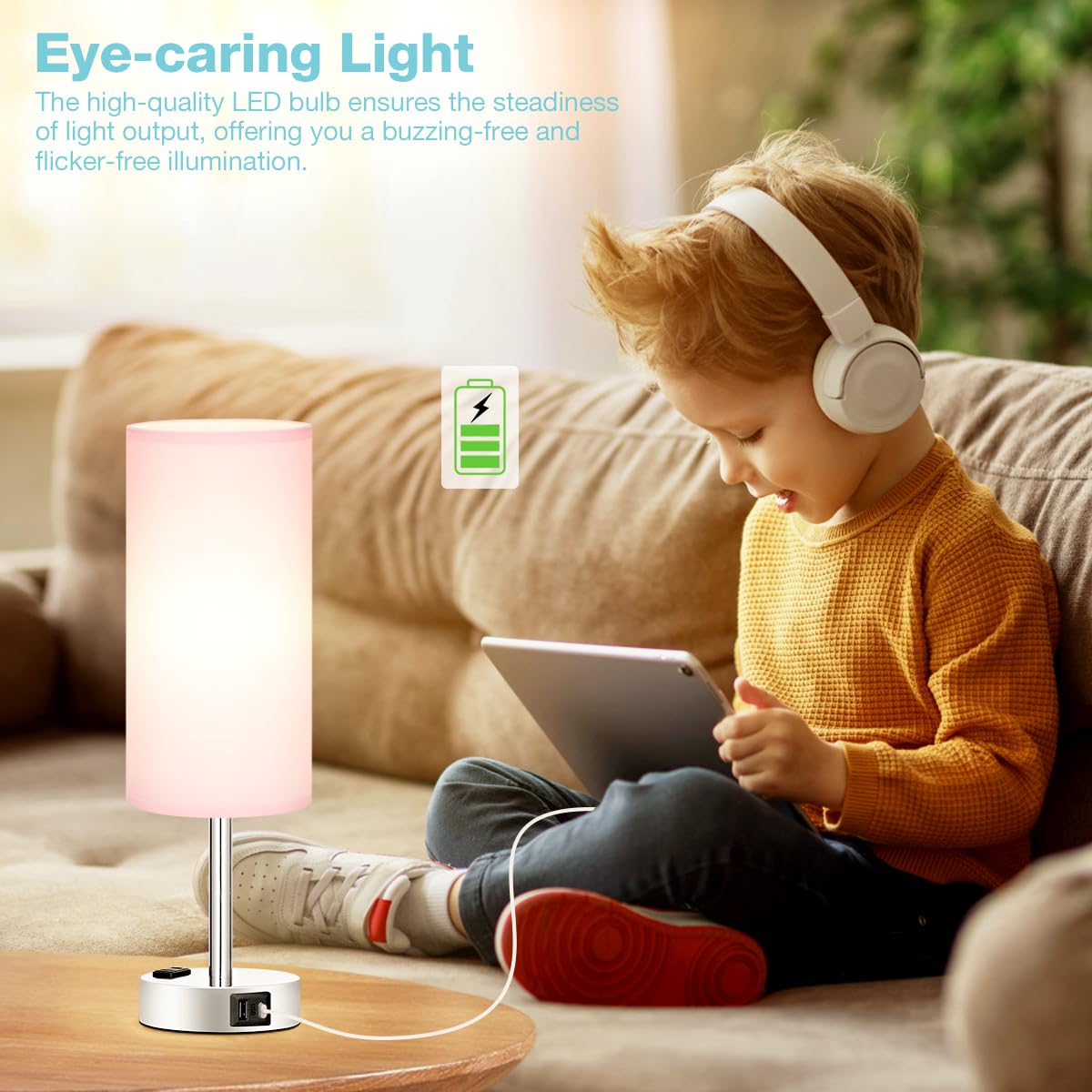 Fenmzee Lámpara rosa para mesita de noche de dormitorio, lámpara de mesa táctil regulable de 3 vías, puertos de carga USB C, lámpara pequeña con salida de CA para escritorio, habitación de niñas
