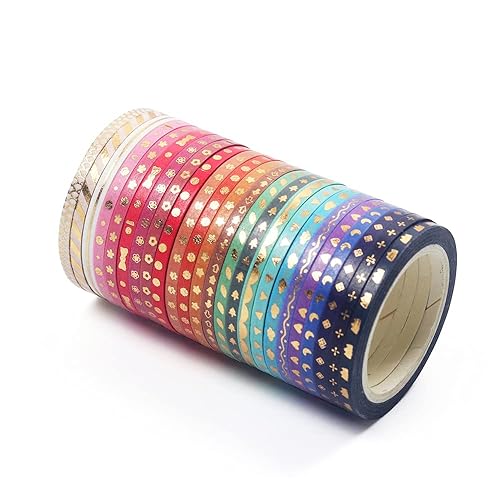 Miniatura 7 de YUBX Juego de 24 rollos de cinta washi de papel de aluminio dorado delgada cinta adhesiva decorativa de 0.118 in de ancho para álbumes de recortes