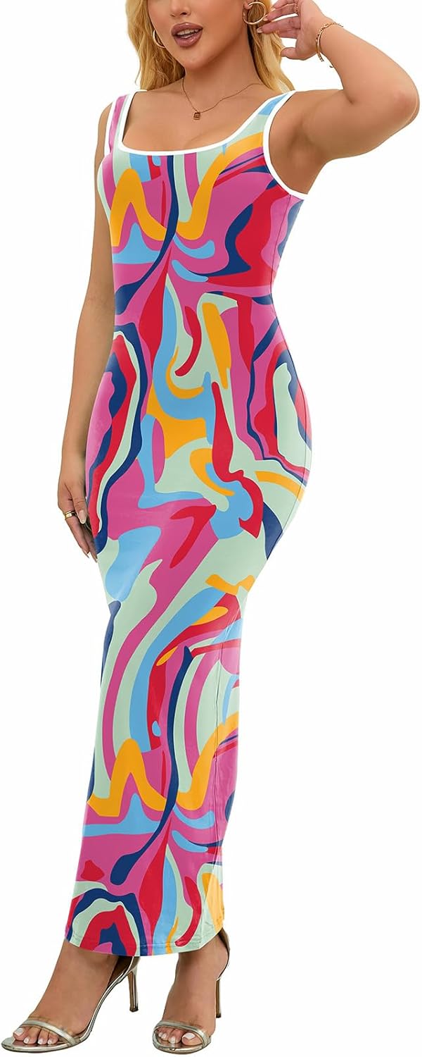 PINSV Women's Sexy Sleeveless Bodycon Tank Dress U Neck Halter Wrap Long Maxi Dresses Casual Party Beach Sundresses - Image 3