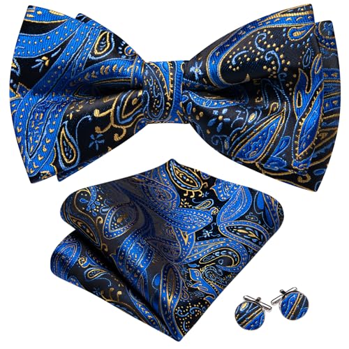Image of Barry.Wang Paisley Striped Bow Tie for Men Silk Pre-Tied Bowtie Pocket Square Cufflinks Set Formal Wedding Party Prom