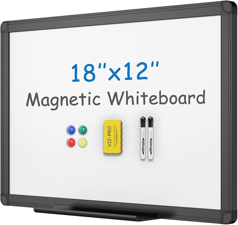 Pizarra magnética de borrado en seco VIZ-PRO, 18 x 12 pulgadas, marco de aluminio negro | Incluye 1 borrador, 2 marcadores y 4 imanes, pizarra blanca montada en la pared para la escuela, la oficina y el hogar