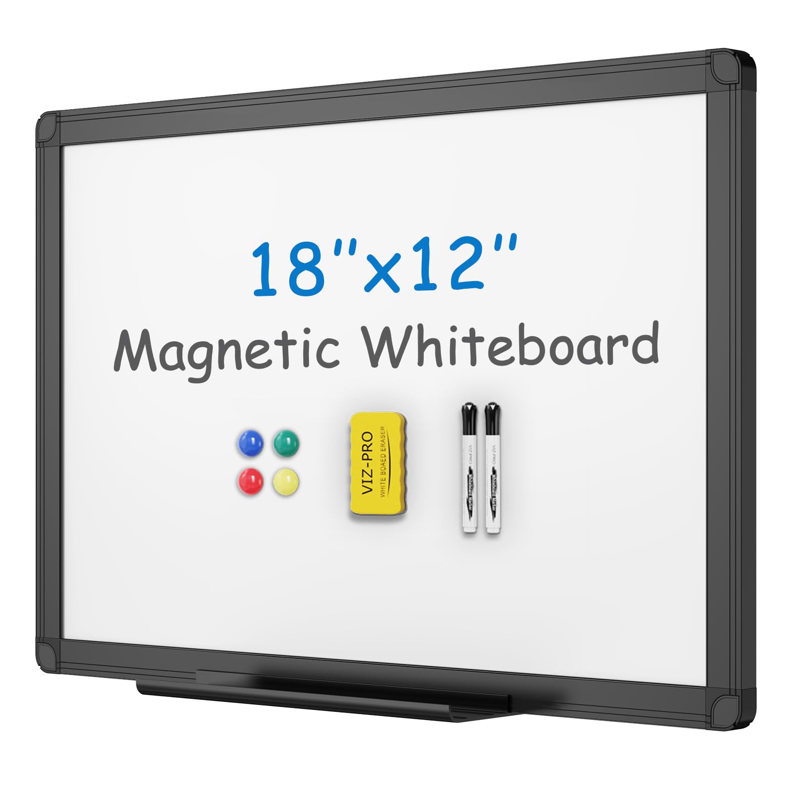 VIZ-PRO Magnetic Dry Erase Board, 18 x 12 Inches, Black Aluminium Frame