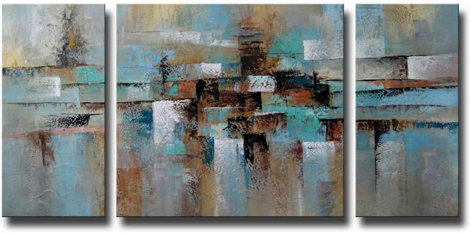 abstract wall art large painting on canvas gallery-wrapped 3 piece for living room bedroom modern framed teal blue brown 24x48inches