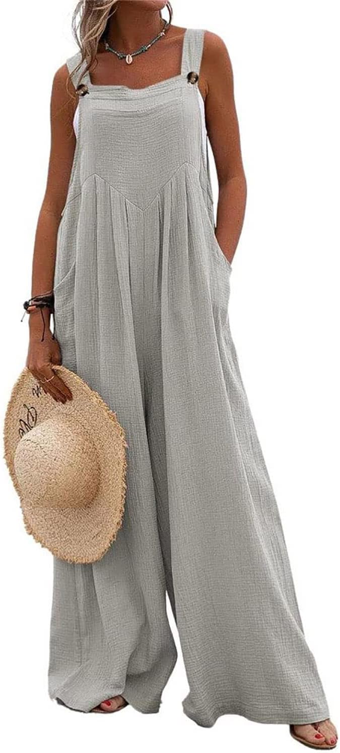 utcoco Women's Casual Baggy Sleeveless Bib Overall Adjustable Strap Wide Leg Jumpsuit Overalls with Pockets