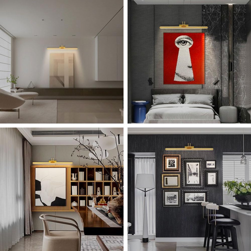 LED Bildbeleuchtung Kabellos Innen, Aufgeladenes Akku-Kunstleuchten mit Fernbedienung, Dimmbare Magnet Touch Lichtleiste Wandlampe, Bildbelicht für Schreibtisch Wand Spiegel, (Golden 1 Stück)