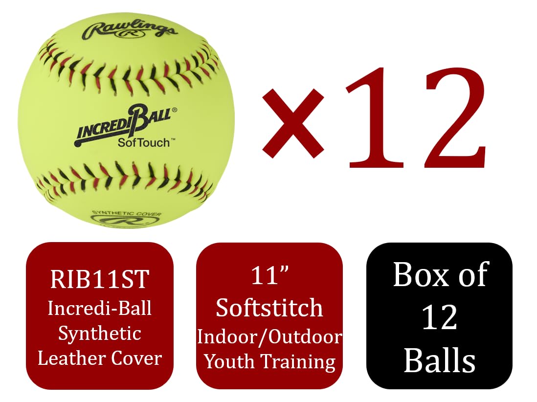 Rawlings Incredi-Ball - Palline morbide gialle con punto morbido, opzioni da 28 e 30,5 cm, opzioni di rivestimento in tessuto e pelle sintetica, 12 pezzi