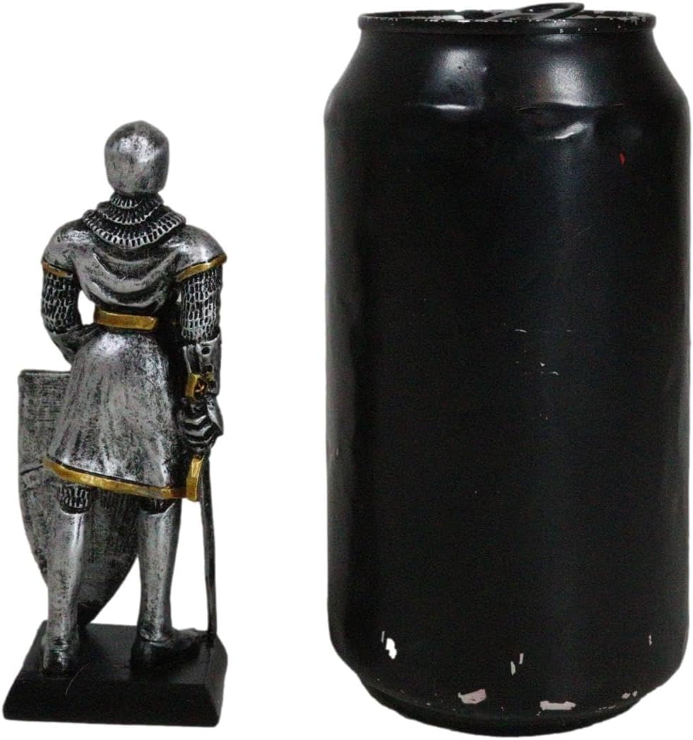 Ebros Gift Medieval Valiant Knight in Suit of Armor with Sword and Heraldry Shield Mini Figurine 4.25" Tall Swordsman Standing On Guard Age of Kings Dollhouse Miniature