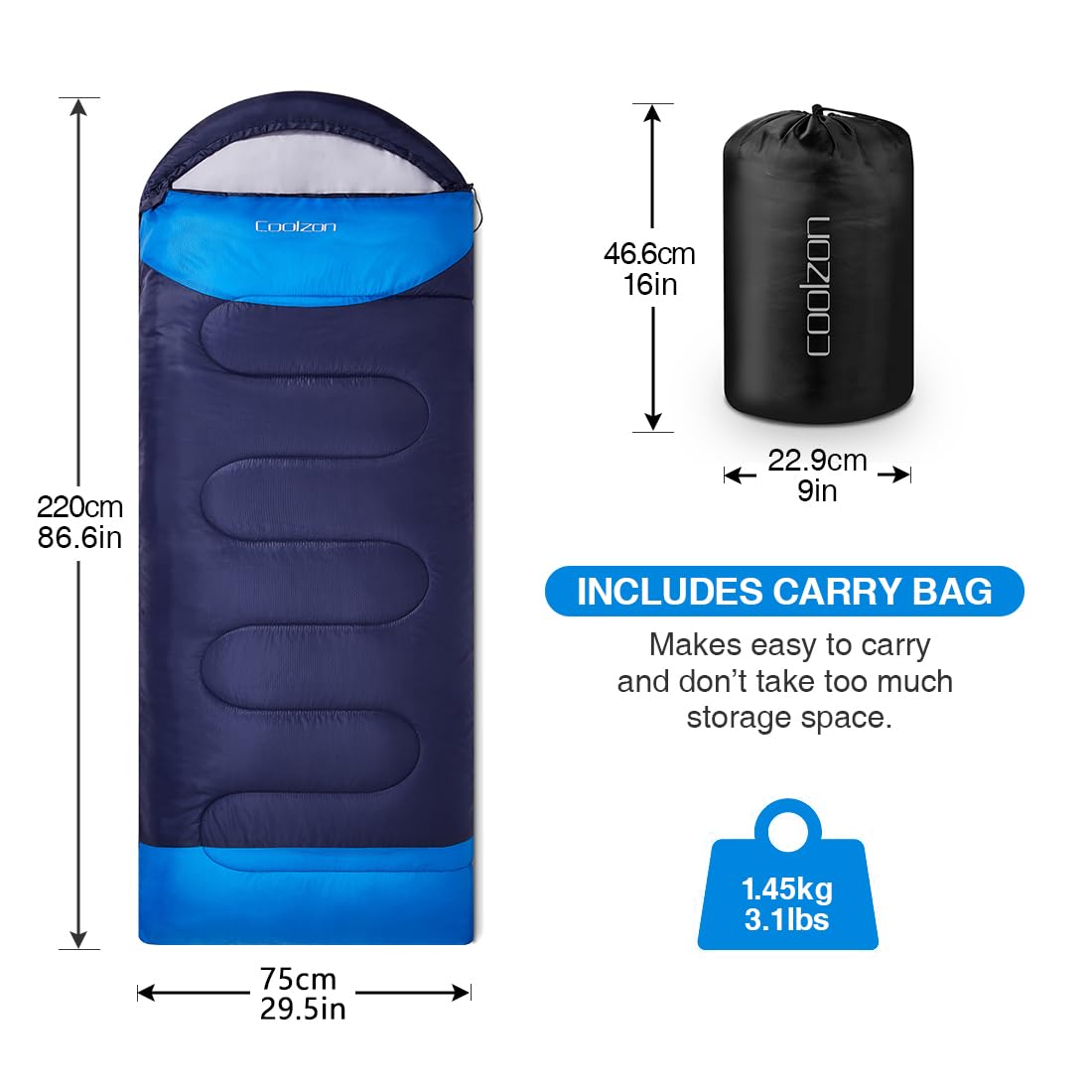 Coolzon Schlafsack Outdoor für Camping 3-4 Jahreszeiten, Erwachsene Deckenschlafsack Kleines Packmaß Ultraleicht Tragetasche, Weich Dick und Warm für Outdoor Camping, Reise, Wandern