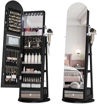 LVSOMT 64" H Arched LED Mirror Jewelry Cabinet Standing,Black | 360 Swivel Full-Length Mirror with Storage, Lockable Jewelry Organizer with Inner Makeup Shelf, Gift for Women