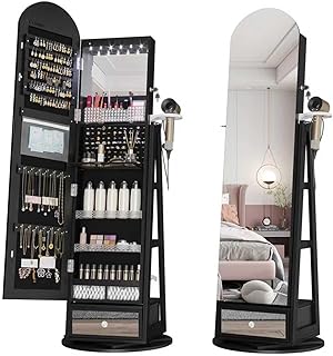 LVSOMT 360° Swivel Arched Jewelry Mirror Cabinet, 64"H Standing Jewelry Armoire with 6 LED Lights, Lockable Jewelry Organizer, Arch Full Length Mirror with Storage, Inner Makeup Shelf, Drawers (Black)