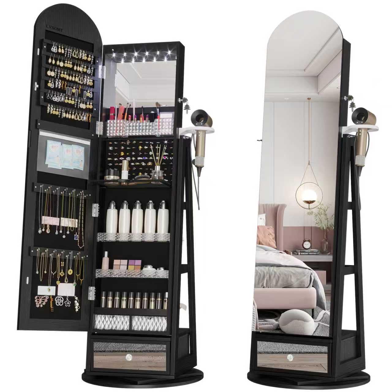 LVSOMT LED Bogen Schmuckschrank mit Spiegel, 360° Drehbar Standspiegel mit Schmuckschränke, Abschließbar Schmuckspiegelschrank mit Beleuchtung, Schmuckschrank Stehend Holz mit Stufiges Regal, Schwarz