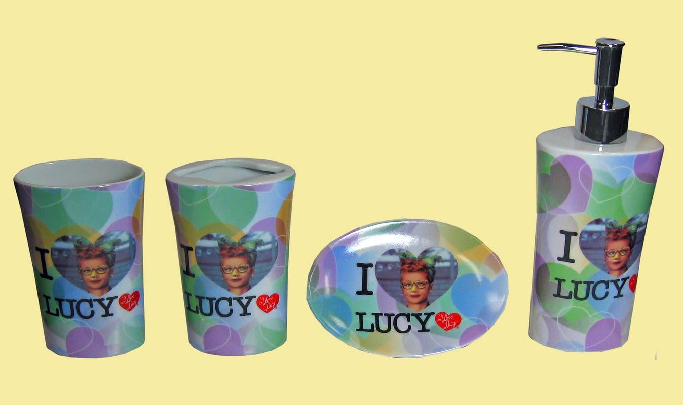 I Love Lucy 4 Pcs Bathroom Set Ceramic Tooth Brush, Tumble soap Dispenser