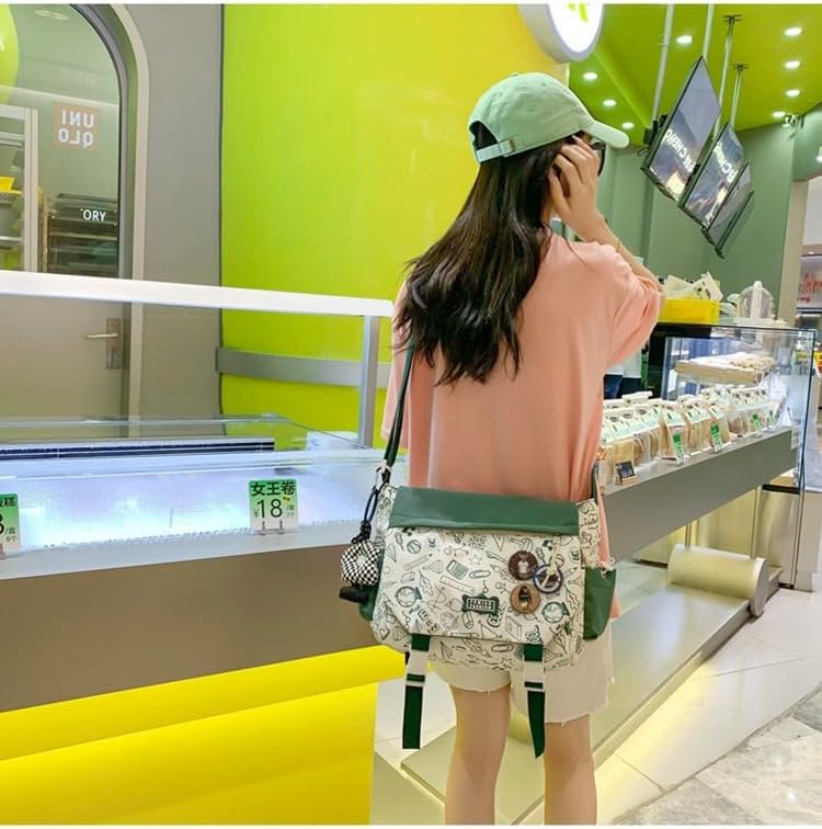 Aesthetic Crossbody Bag with Cute Pins and Ornament, Nylon Shoulder Messenger Bag Japanese Kawaii Bag for Women Men - Image 6