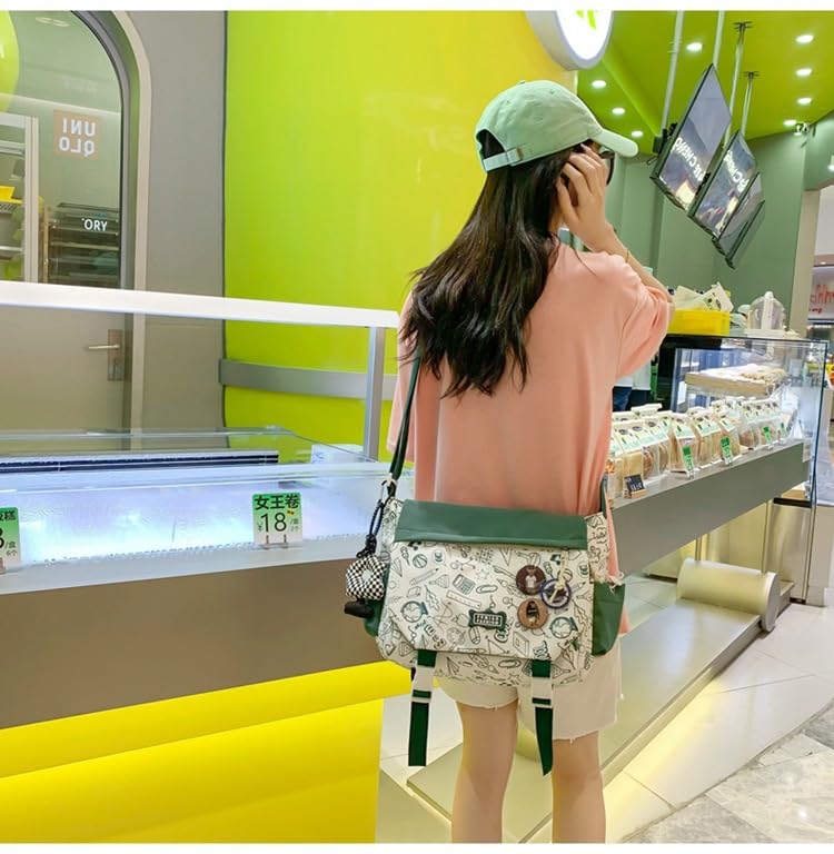 Image of Aesthetic Crossbody Bag with Cute Pins and Ornament, Nylon Shoulder Messenger Bag Japanese Kawaii Bag for Women Men
