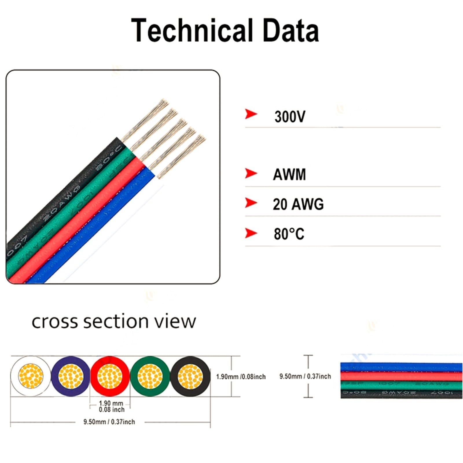 Outdoor Extension 5 Pin Electric Lamp Cable Electrical Cable 22AWG 18AWG Extension Cable 5pin Tinned Copper Wire for Bulbs Solar sheathed(Size:20meter,Color:20AWG)