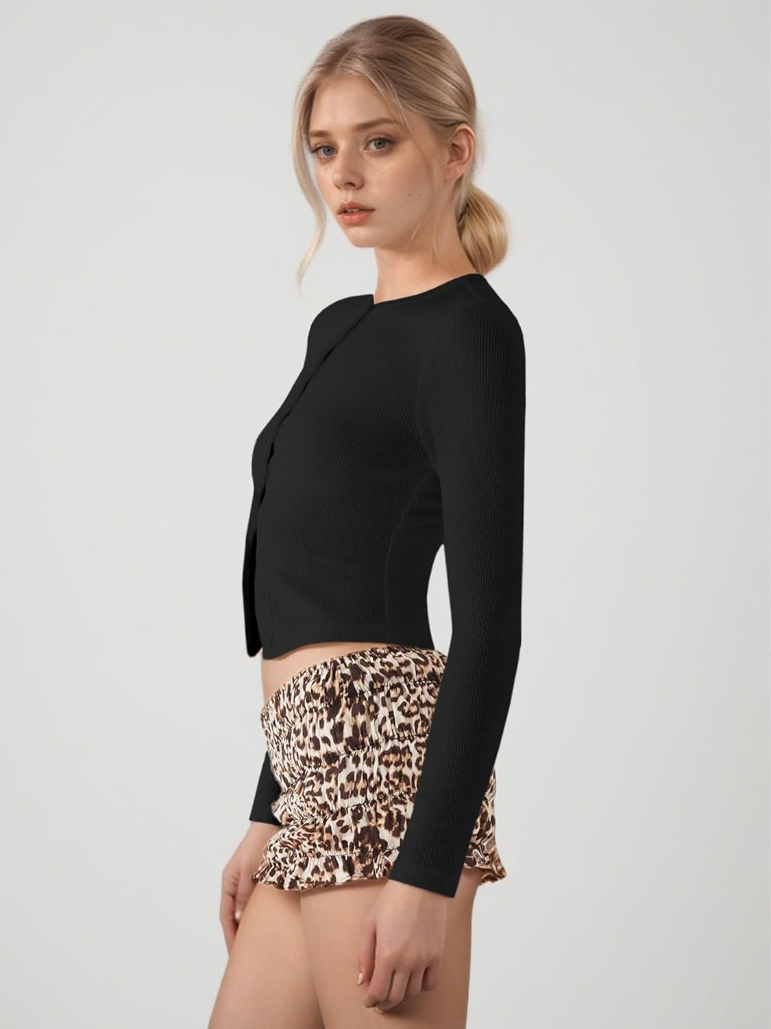 Ribbed Button Down Cardigan for Women, Long Sleeve Button Up Fall Knit Going Out Cropped Tops - Image 3