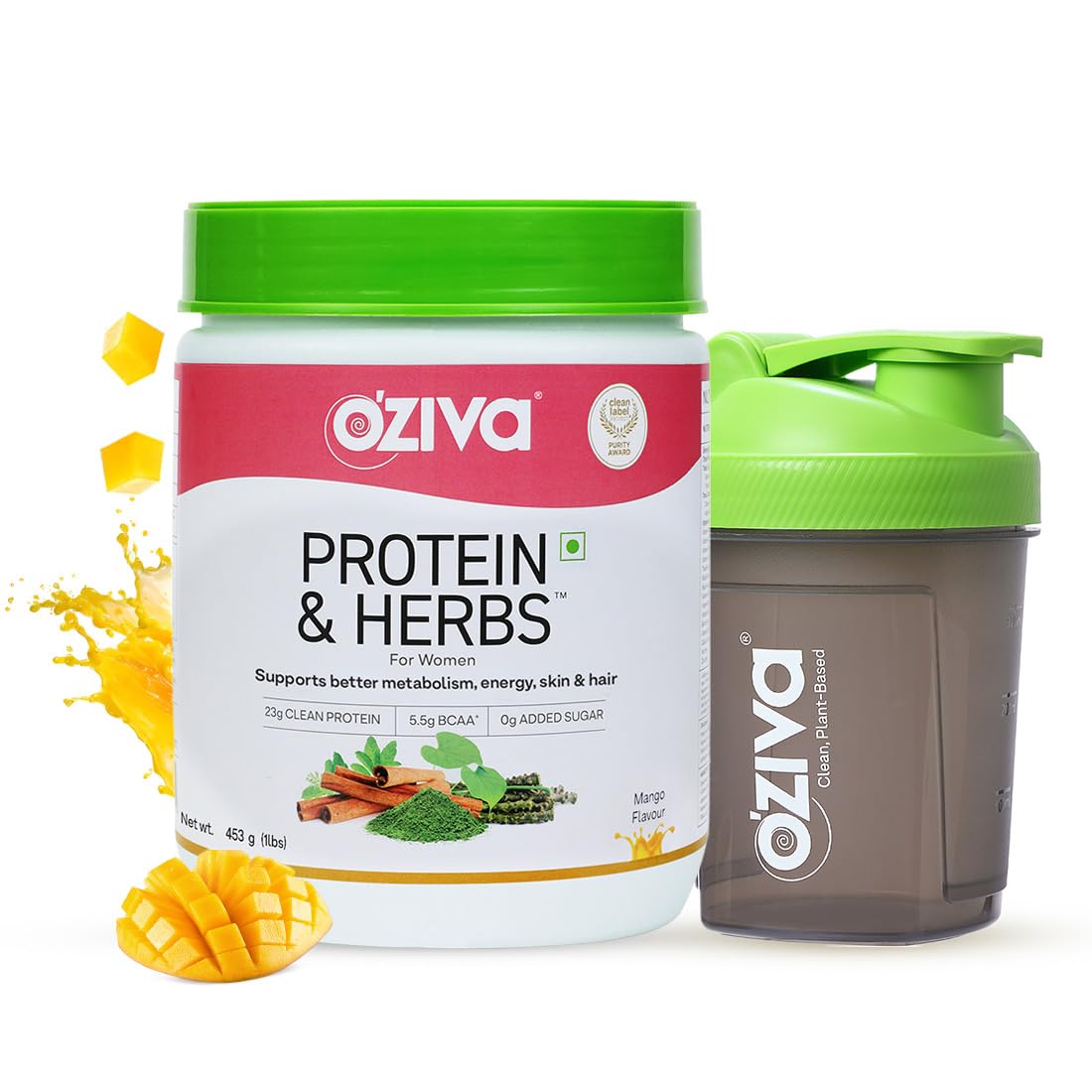 OZiva Protein & Herbs for Women (Mango) I Manage Weight, Energy & Metabolism | Clean Protein, Shatavari, Green Tea I No Added Sugar, 1lbs + Shaker