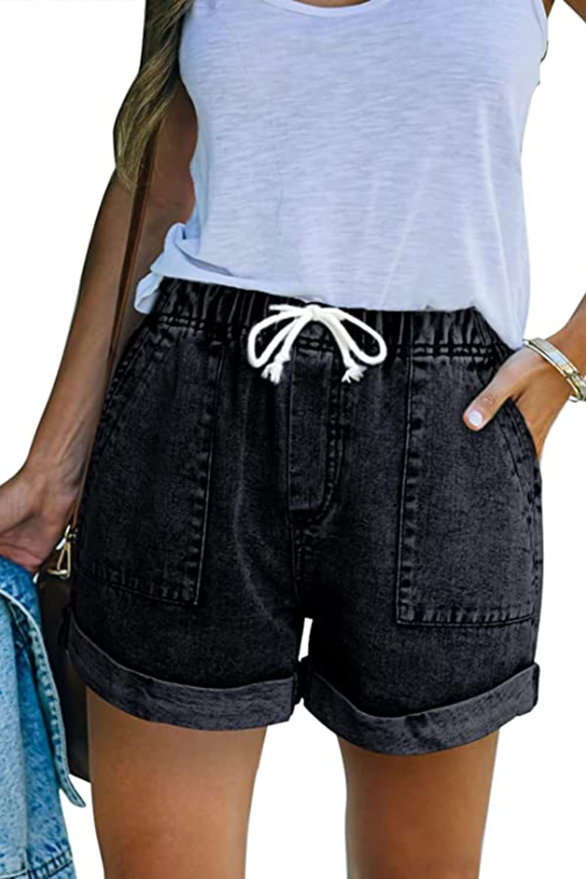 NEYOUQE Women's Casual Fashion Denim Shorts High Waisted Ripped Short Jeans Stretchy Drawstring Elastic Waist Jean 2025