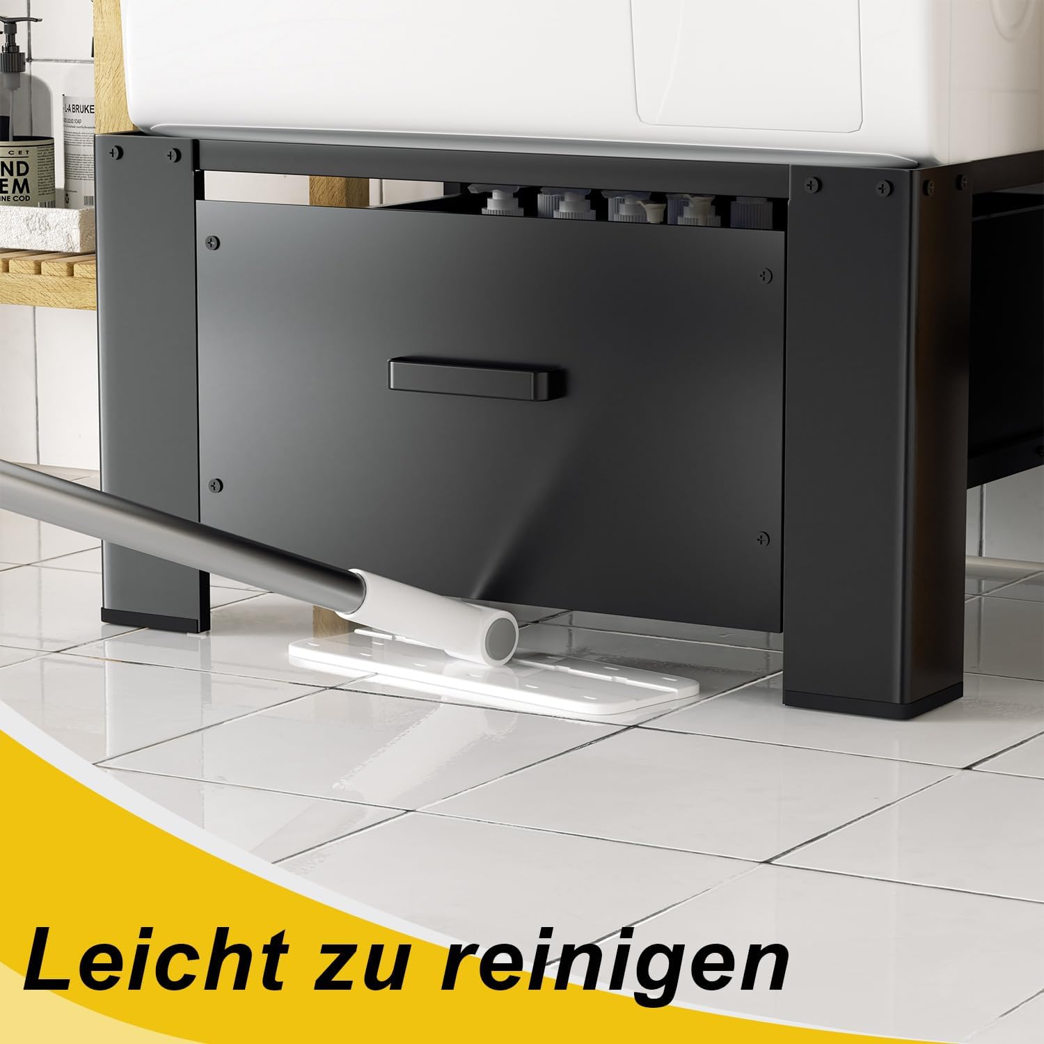 Base per lavatrice con cassetto, base per lavatrice fino a 150 kg | Base in metallo nero con cassetto integrato
