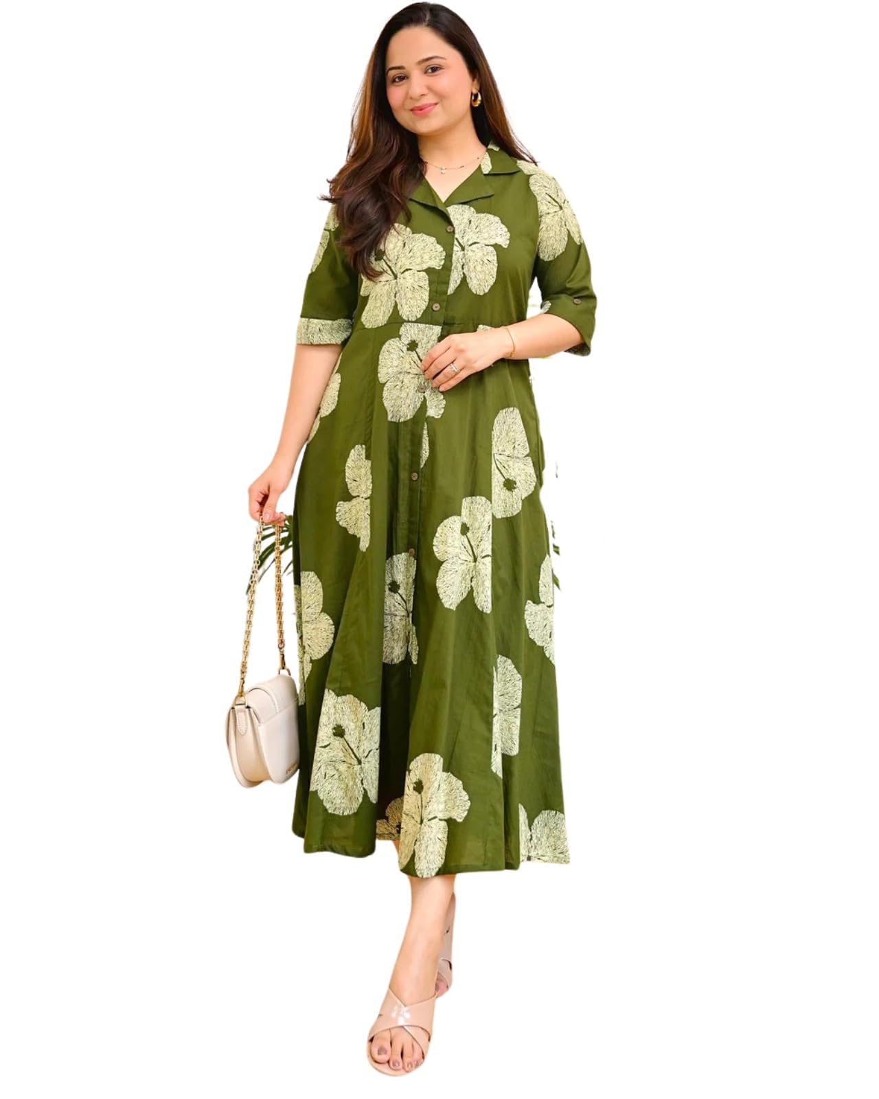 Woman's Rayon Floral Printed A-Line Flared Kurti, Collor Nack, 3/4 Sleeves-image-38