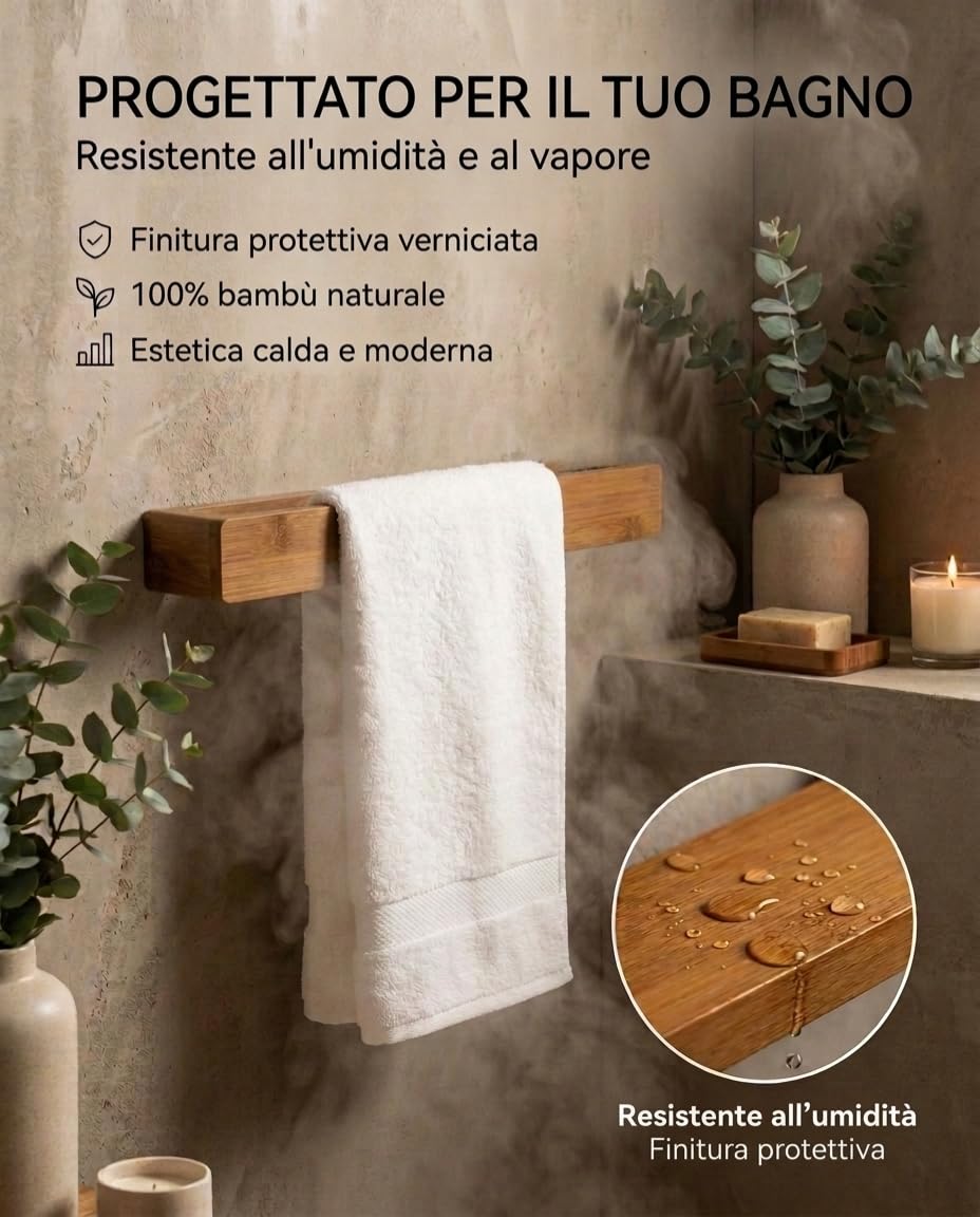 Porta Asciugamani Bagno Bambù Naturale 30cm Adesivo Extra Forte Resistente all'Umidità