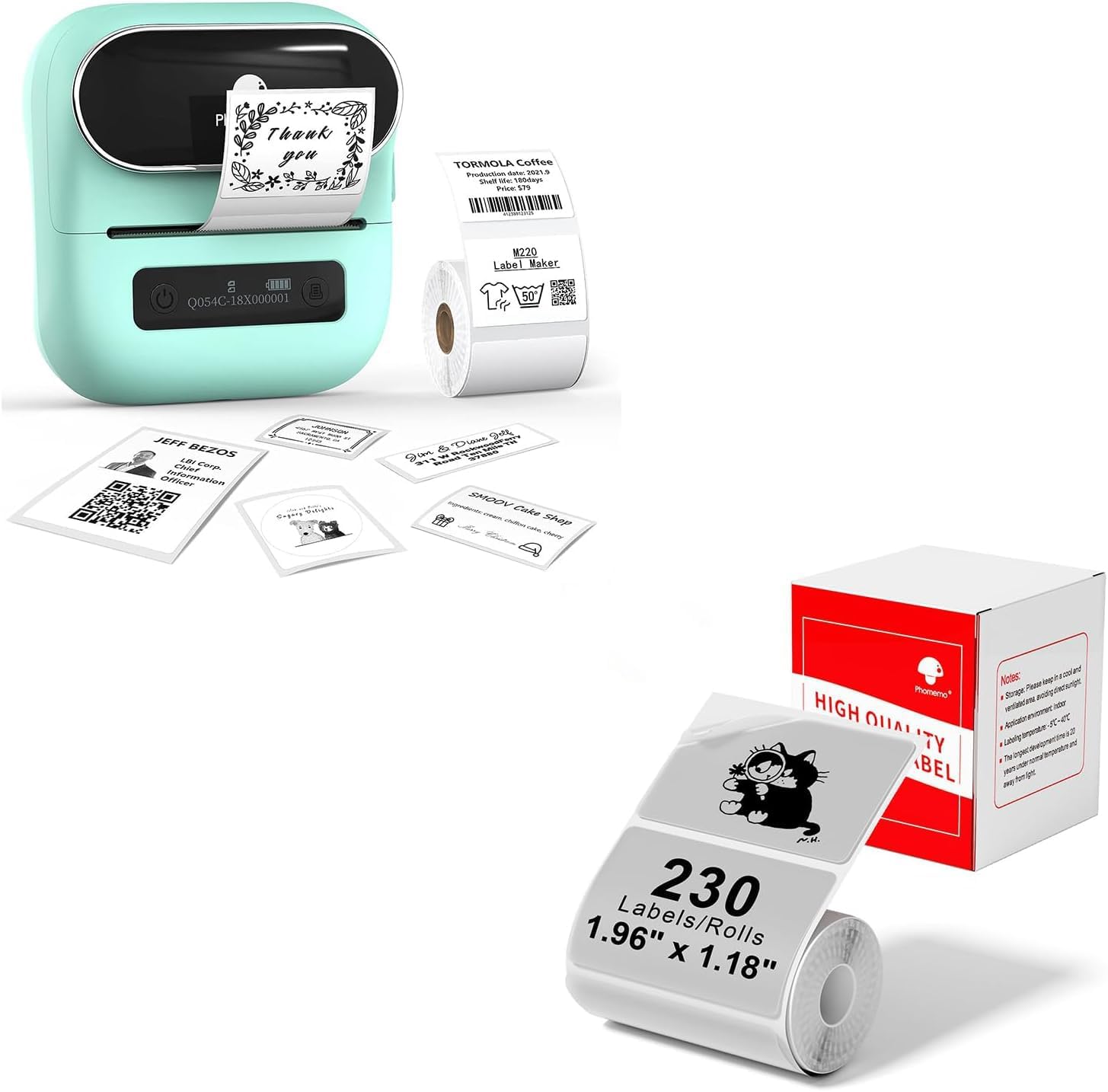 Phomemo M220 Label Maker Green & 1 Roll Transparent Thermal Label 1.96"x1.18"(50x30mm), Upgrade 3 Inch Barcode Portable Printer, for Office & Small Business, Compatible with Phones&PC